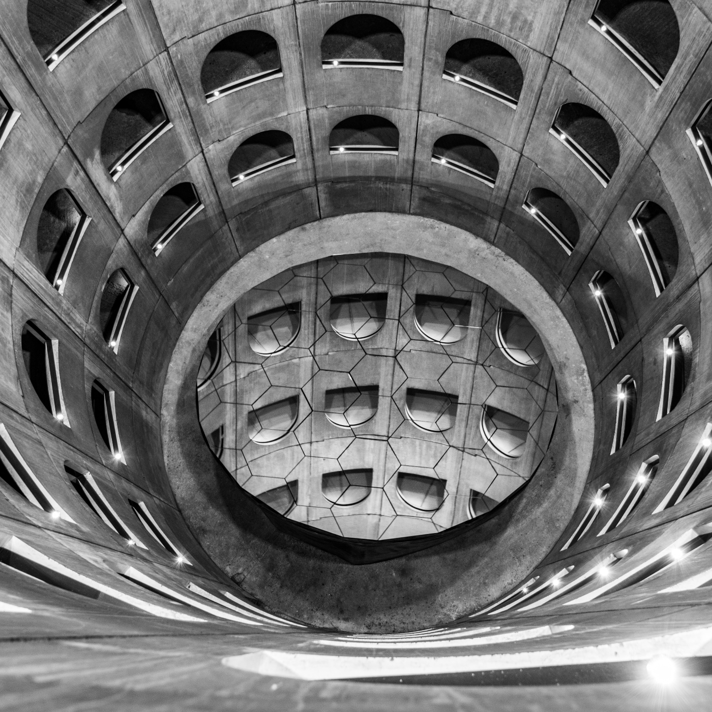 interior spiral building in black and white