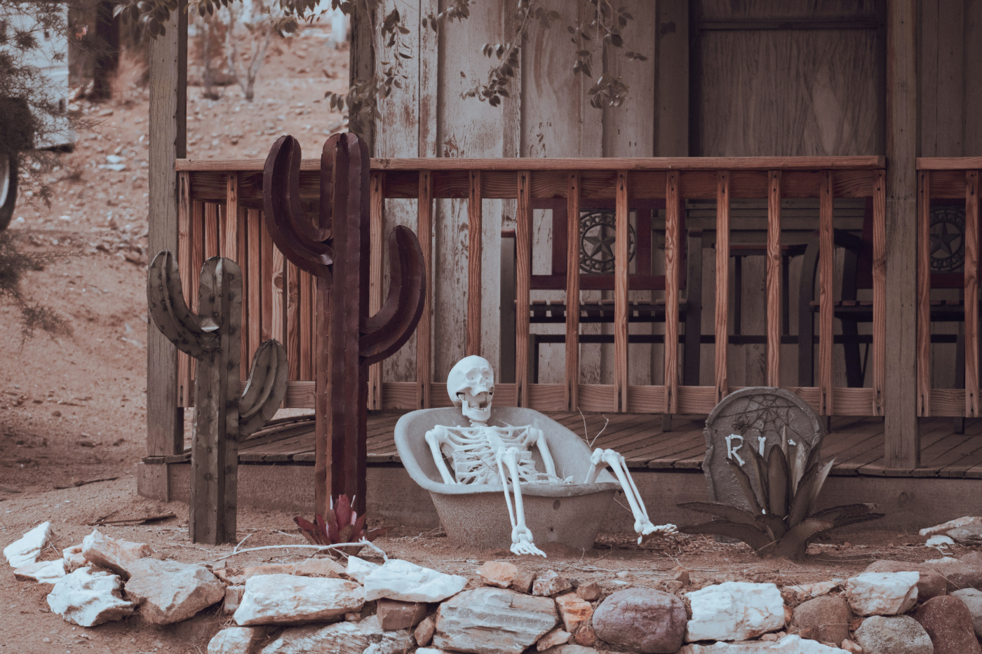 A western scene, porch two cacti and a skeleton in a bathtub