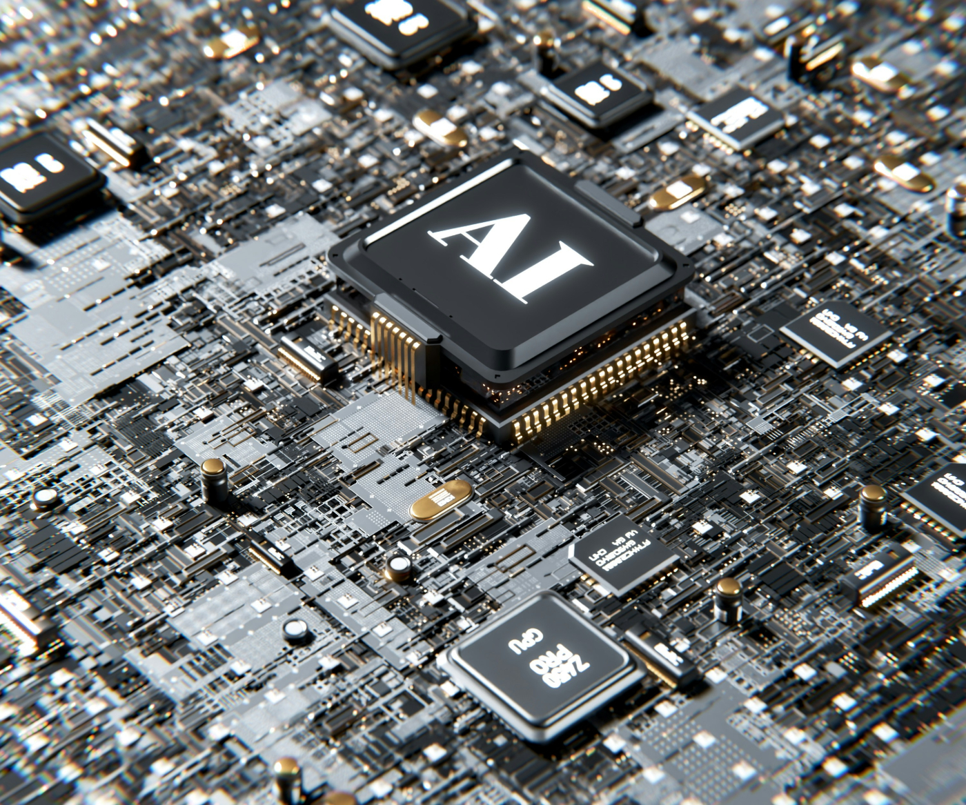 A circuit board with a giant chip labeled AI 