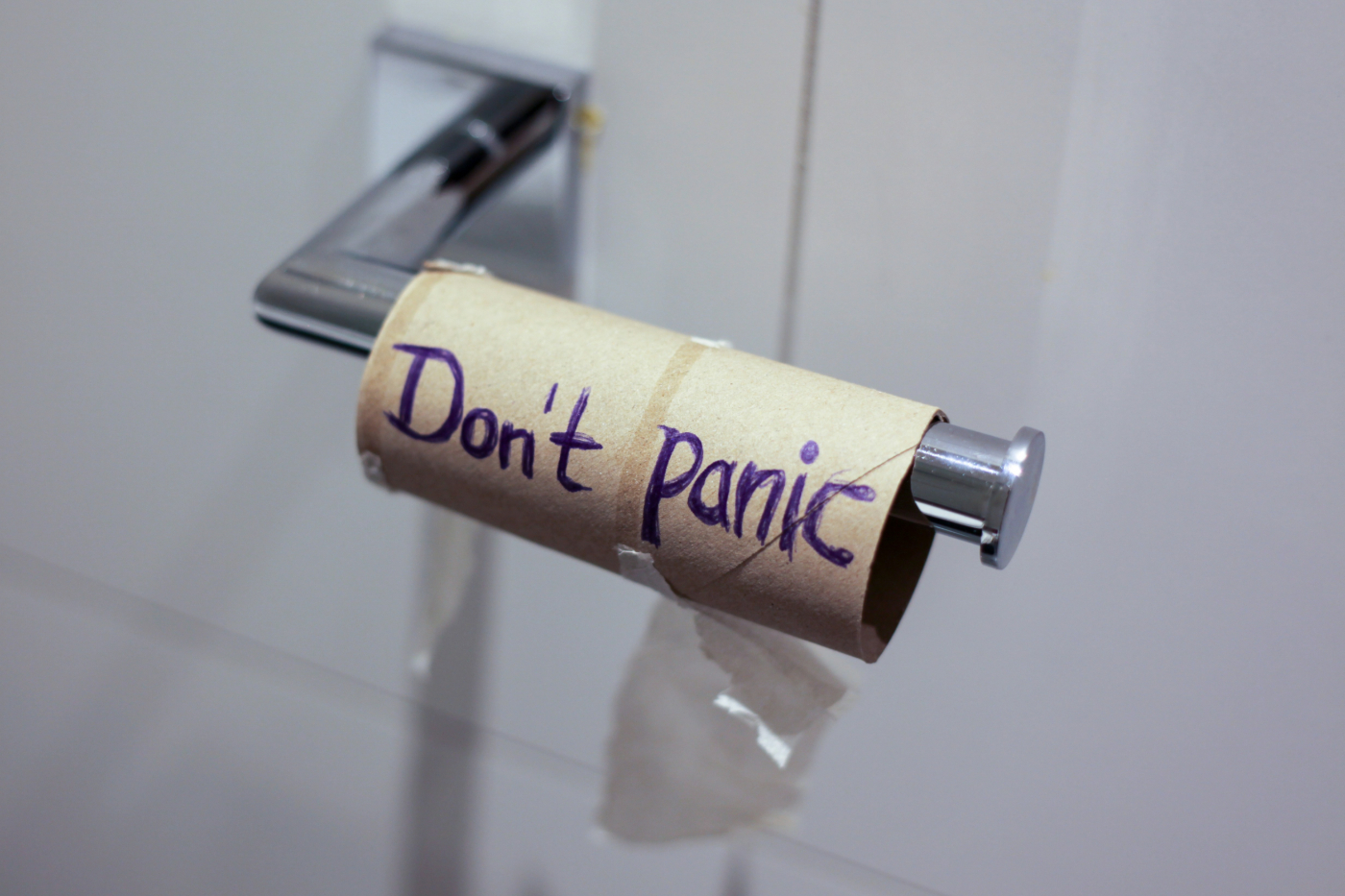 An empty toilet paper roll with Don't Panic written on it