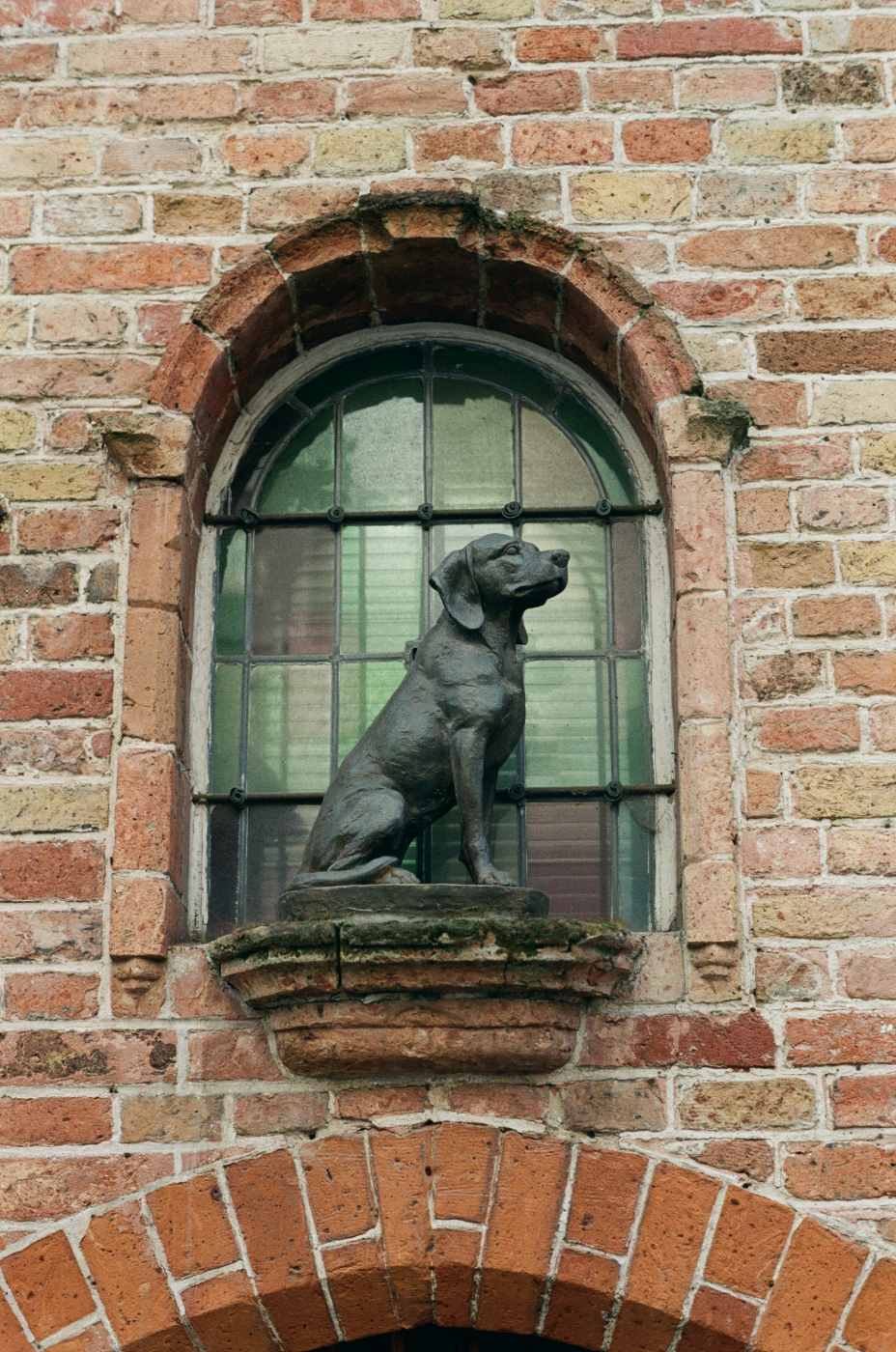  bronze statue of a dog sitting on a small balcony in front of a barred window on a bring building
