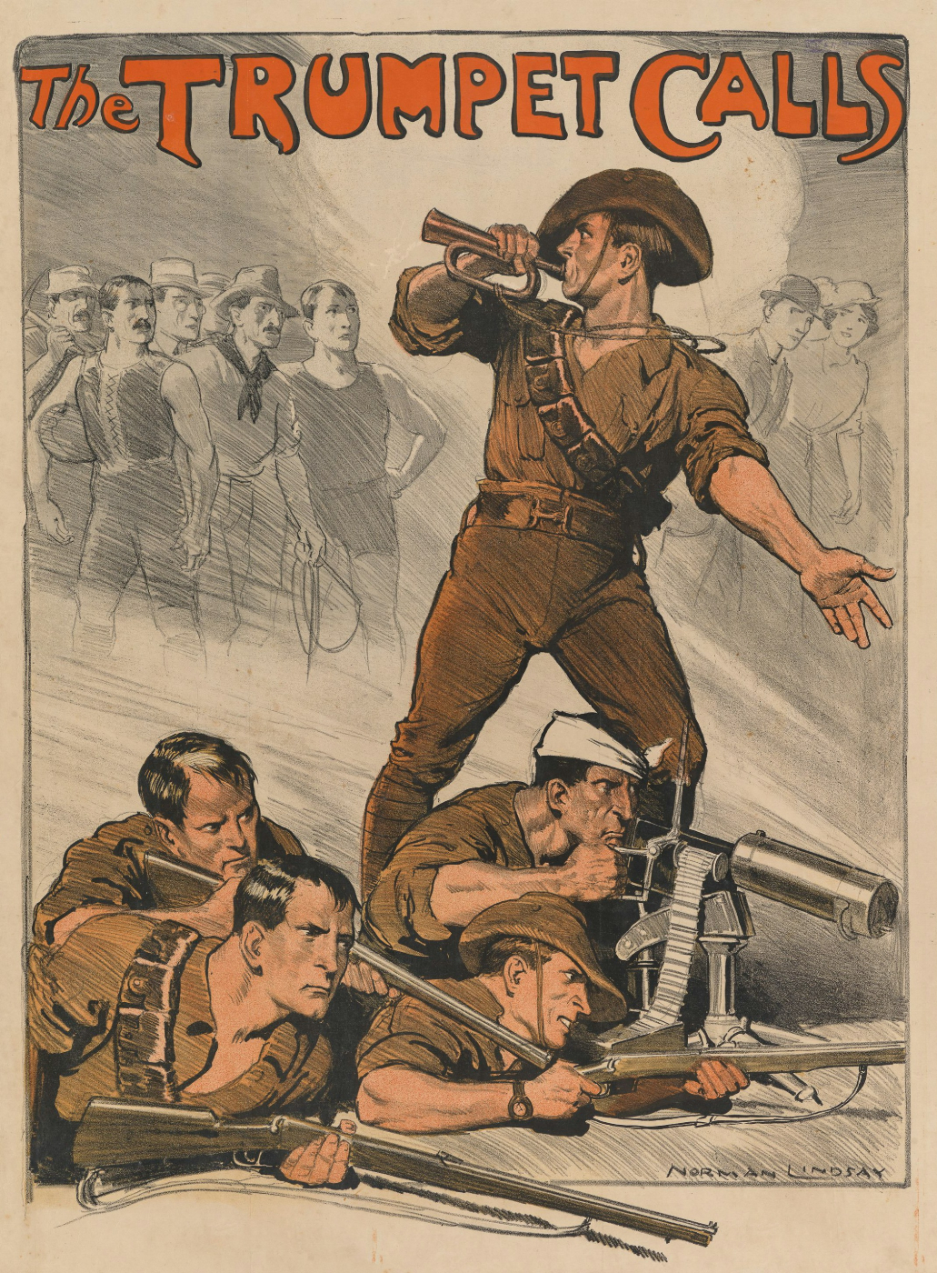 A old military recruiting poster with a man blowing a bugle standing astride men with guns