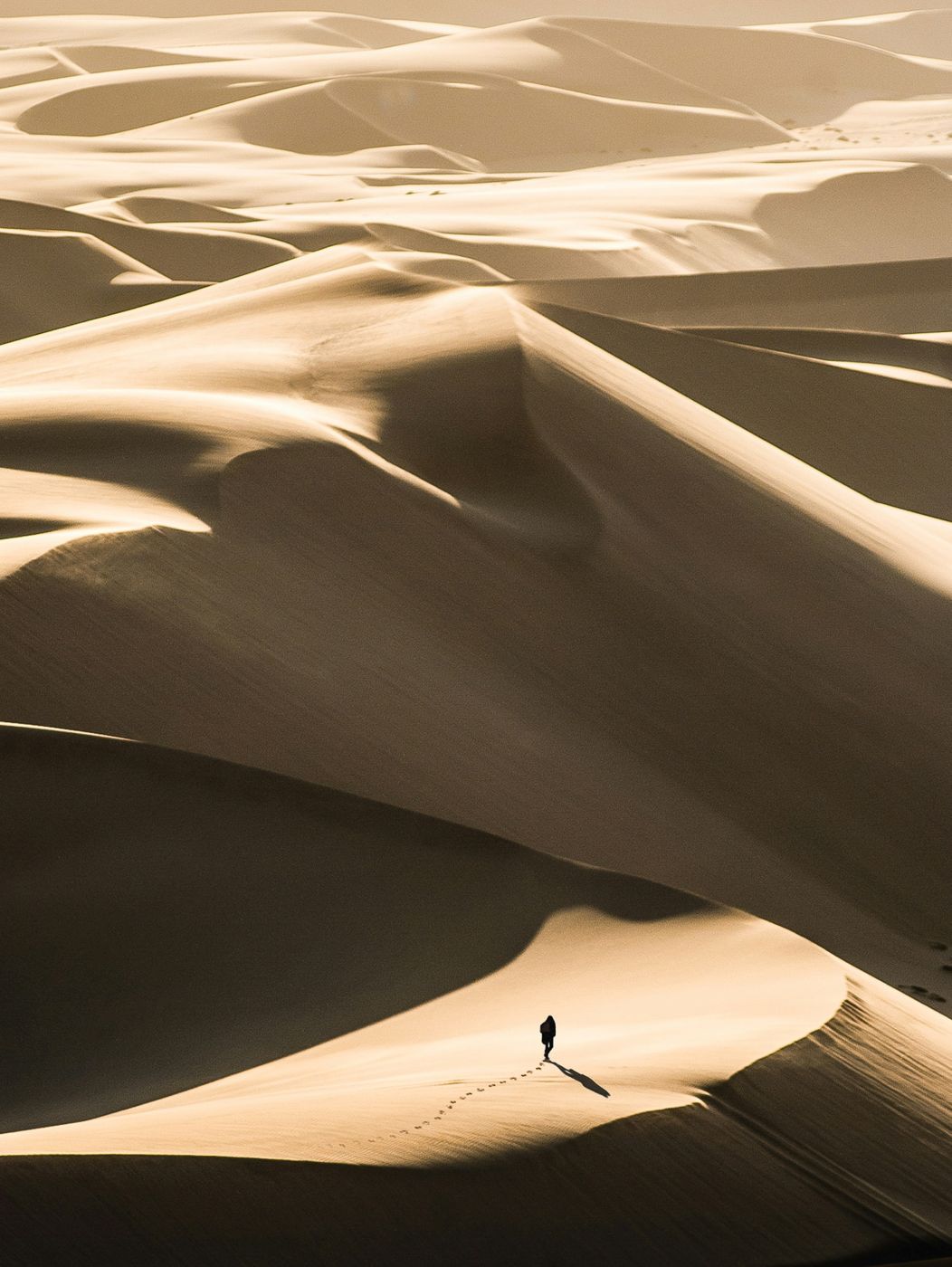 A person walking through the dunes of a desert